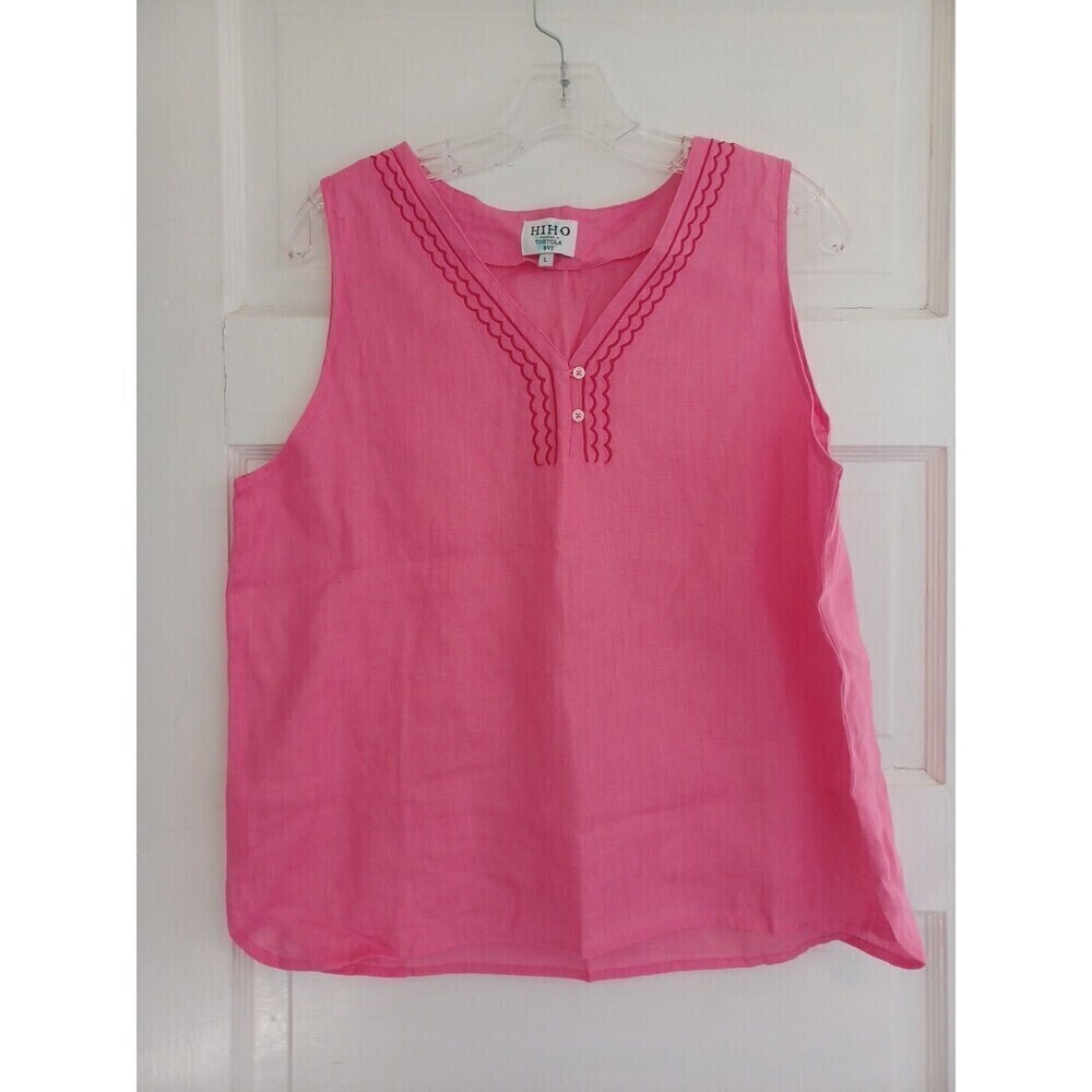 Preppy hot pink/red linen embroidered tank blouse L scallops sleeveless colorful